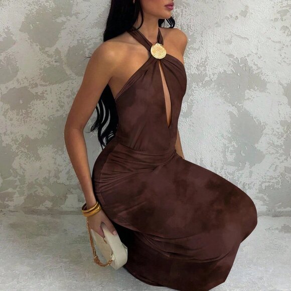 Coffee Brown Sexy Women's Sleeveless Shell Decor Backless maxi Dress - Picture 3 of 7